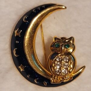 BEAUTIFUL VINTAGE‎ SIGNED BJ RHINESTONED OWL ON BLUE ENAMELLED MOON PIN BROOCH